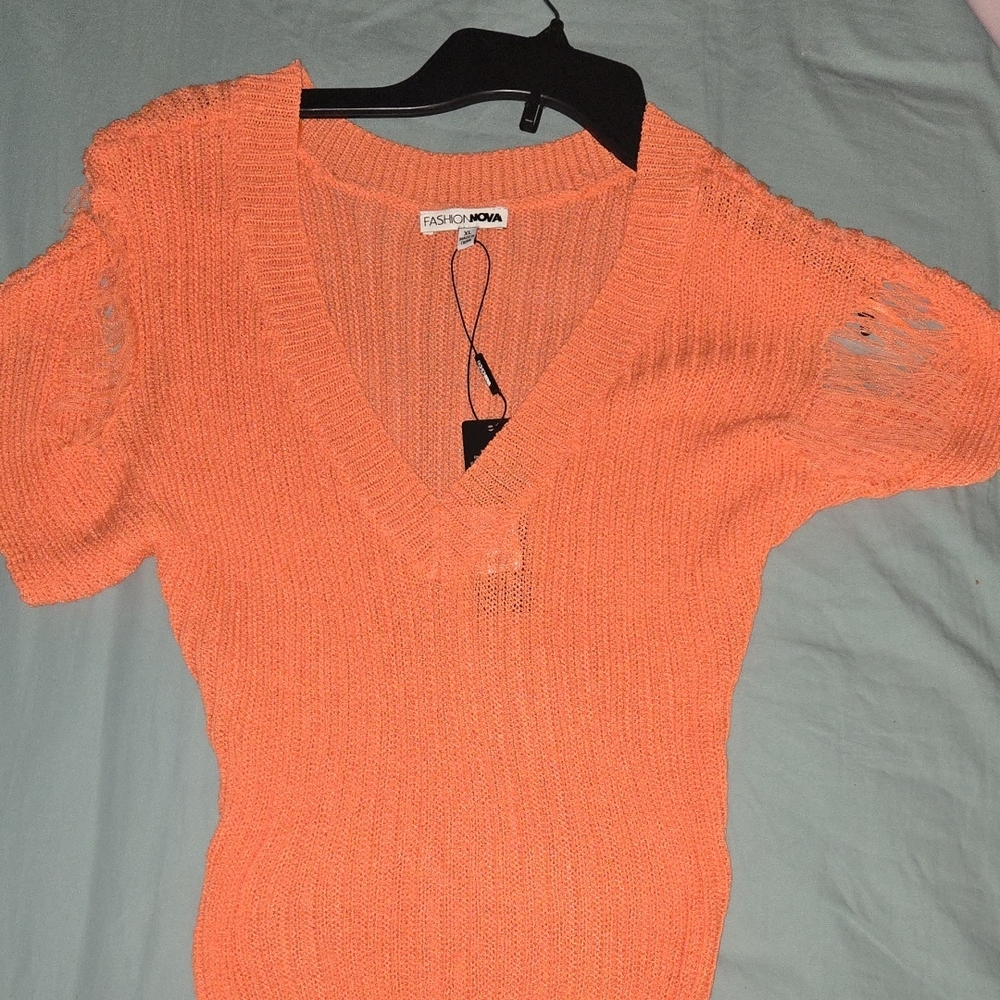 Fashion Nova Orange V-Neck Ribbed Sweater